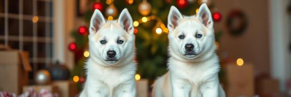 Two playful puppies sit by a decorated Christmas tree surrounded by gift boxes and holiday cheer photo