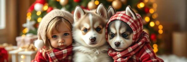 Festive holiday celebration with a child and two puppies in cozy winter attire near a decorated Christmas tree photo