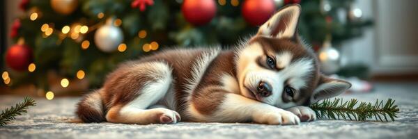 Cute husky puppy resting on a cozy carpet near a beautifully decorated Christmas tree with sparkling lights photo