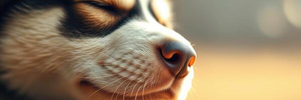 Close-up of a content puppy enjoying a sunny day in a warm home environment photo