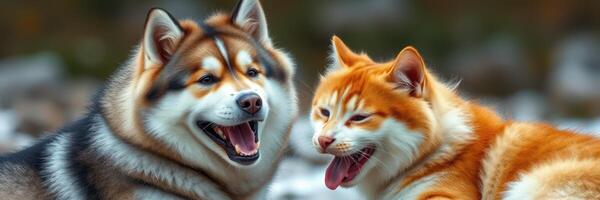 Playful interaction between a dog and a cat in a natural outdoor setting during late afternoon photo