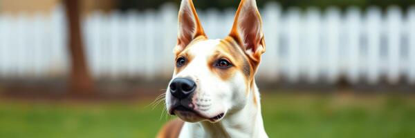 Beautiful dog standing in a yard with a white picket fence and soft green grass under a bright sky on a sunny day photo