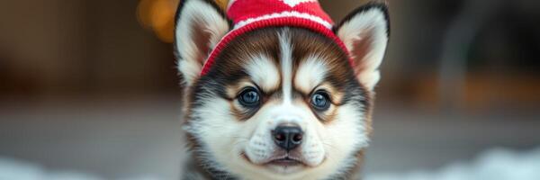 Adorable puppy wearing a festive hat enjoys a winter day with snow all around in a cozy indoor setting photo
