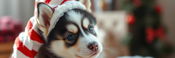 Festively dressed puppy enjoying a cozy winter atmosphere in a holiday-themed room photo