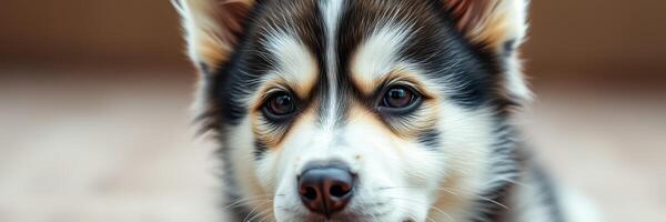 Playful puppy with striking fur rests on wooden floor during sunny afternoon photo