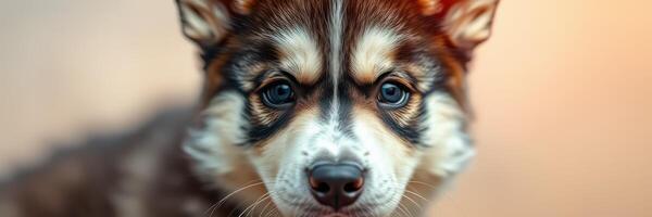 Beautiful young husky with striking blue eyes gazes intently at the camera against a soft background photo