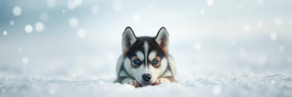 Adorable husky puppy in snow with falling snowflakes during winter photo