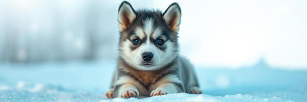 Cute puppy enjoys a snowy landscape with fluffy fur and bright eyes during winter photo