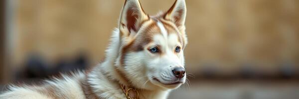 Siberian husky resting quietly in a cozy outdoor setting during late afternoon light photo