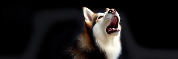 Majestic husky howling against a dark background at dusk, showcasing its powerful voice and striking features photo