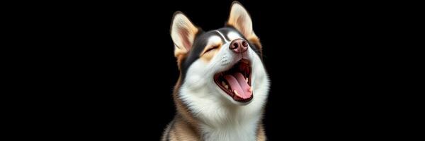 Playful dog with mouth wide open, enjoying a moment of joy against a black background photo