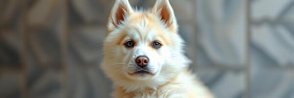 Cute samoyed dog sits calmly indoors with a playful expression photo