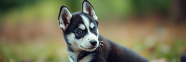 Cute husky puppy resting outdoors in a serene natural setting during daytime photo