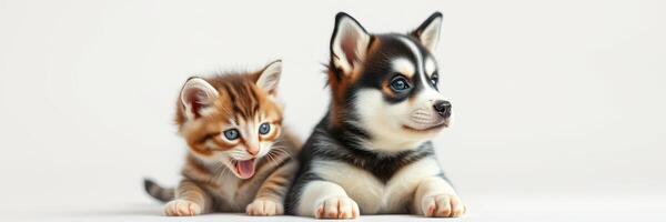 Playful kitten and puppy sharing a quiet moment together indoors on a light background photo