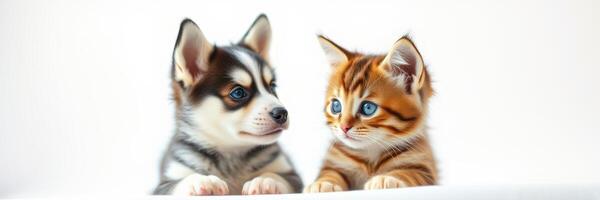 Cute puppy and kitten share a moment of friendship in a bright setting photo