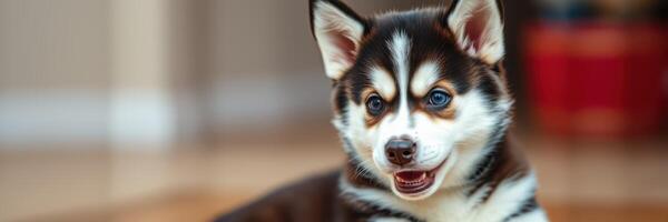 Happy husky puppy playing indoors on a sunny afternoon with a cheerful expression and soft fur photo