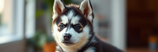 Husky puppy sits comfortably indoors in warm natural light photo