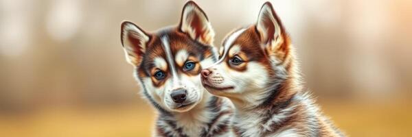 Two playful husky puppies enjoying a sunny afternoon in a park setting with blurred background photo