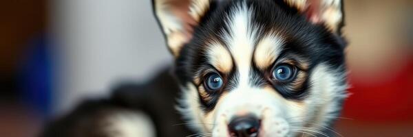 Cute puppy with striking blue eyes relaxing indoors in a cozy living space photo