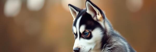 Cute husky puppy sitting quietly in a natural outdoor setting on a sunny day with soft blurred background photo