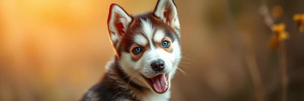 Happy husky puppy playing in a meadow during golden hour, capturing playful spirit and vibrant colors photo