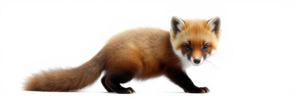 Cute red fox walking gracefully in a studio with a white background during daylight photo
