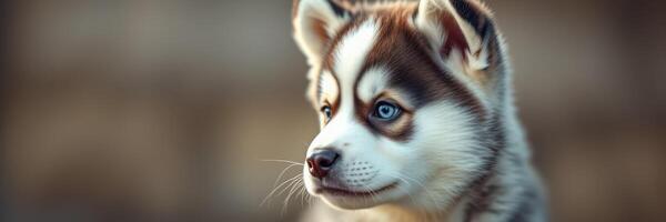 Cute husky puppy with striking blue eyes outdoors in soft natural light, observing surroundings intently photo