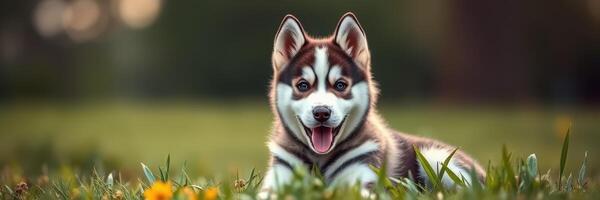 Happy husky puppy resting in a vibrant green field during golden hour near blooming wildflowers photo
