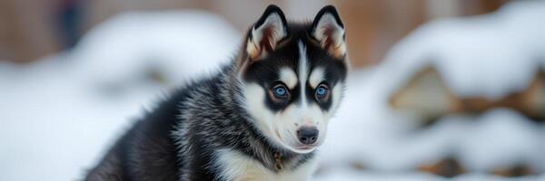 Huskie puppy sitting in the snow during winter, showcasing its striking black and white coat and bright blue eyes photo