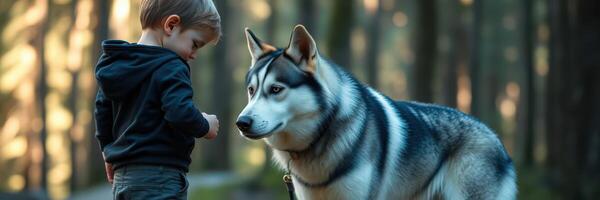 Child interacts with a husky dog in a serene forest setting during golden hour photo