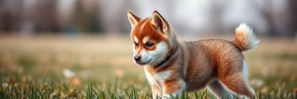 Playful shiba inu puppy exploring the green grass in a sunny outdoor park in early spring photo