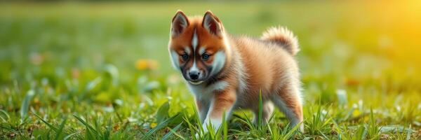 Cute shiba inu puppy playing on green grass during golden hour sunlight in an outdoor park setting photo