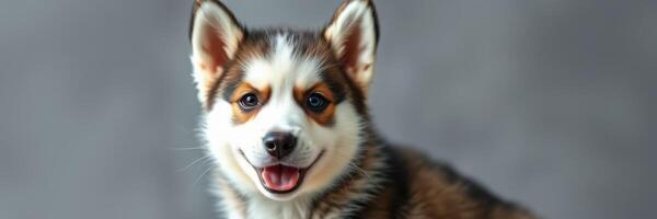 Happy dog showcasing joyful expression against a neutral background during a studio shoot photo