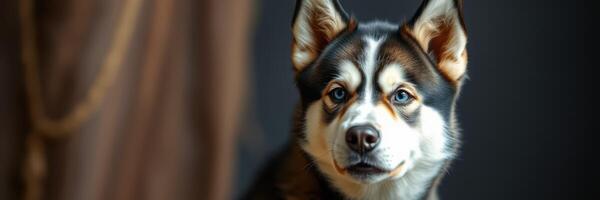 Dog gazing with interest at a person in a cozy indoor setting during the evening photo
