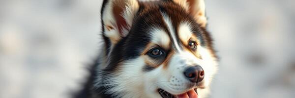 Happy husky puppy playing outdoors in the snow on a bright winter day with a joyful expression photo