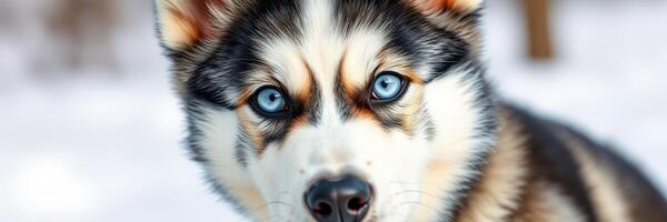 Siberian husky puppy with striking blue eyes in snowy landscape during winter photo