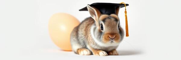 Graduation rabbit wearing a cap with an egg in the background celebrating academic achievement in a festive setting photo