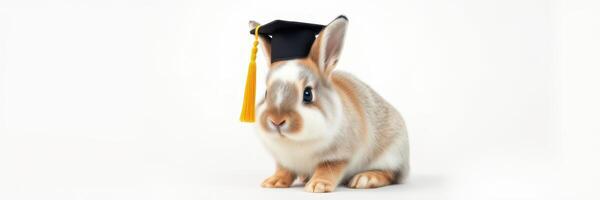 Rabbit wearing graduation cap on white background showcasing a fun and festive moment of celebration photo
