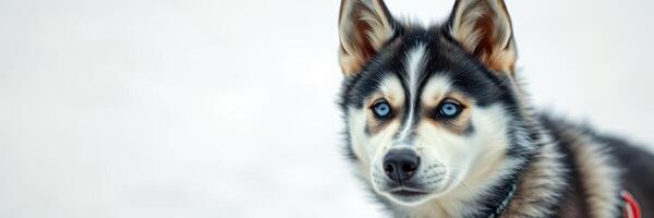 Siberian husky standing in a snowy landscape during winter showcasing striking blue eyes and thick fur coat photo