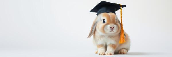 Bunny celebrates graduation with a tiny cap and tassel at a studio setting, marking an adorable milestone photo