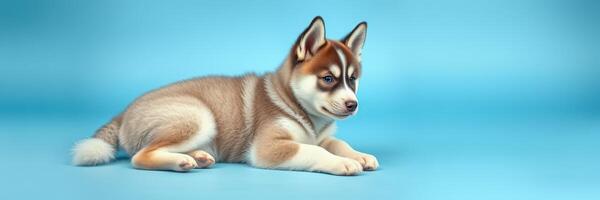 Playful husky puppy resting on a bright blue background with curious expression and soft fur photo