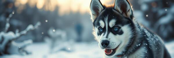 Husky dog explores a snowy landscape during a winter afternoon photo
