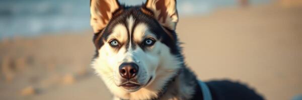 Husky dog standing on the beach during sunset enjoying the warm sand and ocean breeze photo