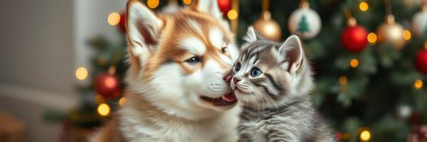 Cute dog and kitten share a joyful moment near a decorated Christmas tree in a cozy home setting photo