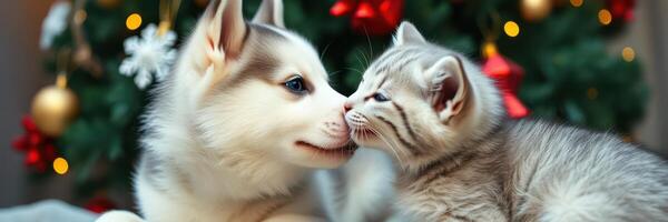 Cute husky puppy and gray kitten bonding near a decorated Christmas tree during the holiday season photo