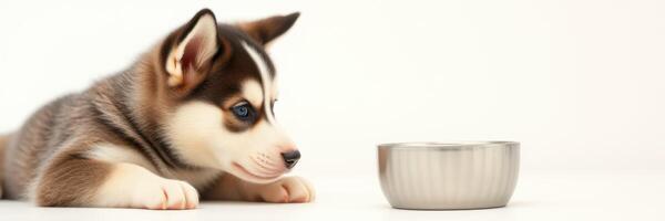 Husky puppy eagerly watching a metal food bowl in a bright indoor setting during the day photo