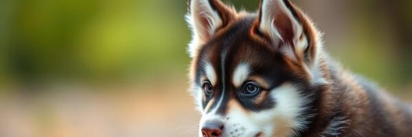 Cute husky puppy close-up during golden hour at a park with blurred natural background photo
