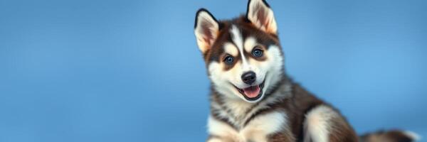 Happy husky puppy resting on a blue background during a playful moment indoors photo