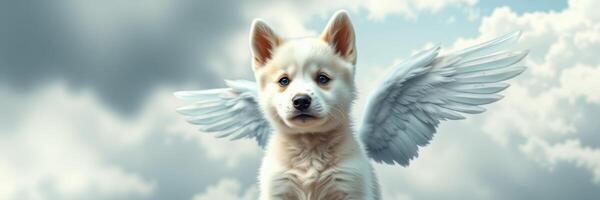 Cute white puppy with angel wings amidst fluffy clouds in a serene sky photo