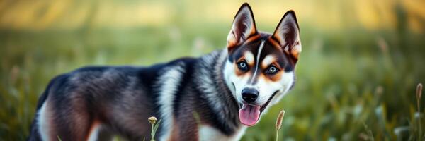 Happy Siberian Husky exploring a grassy field during golden hour light in early evening photo